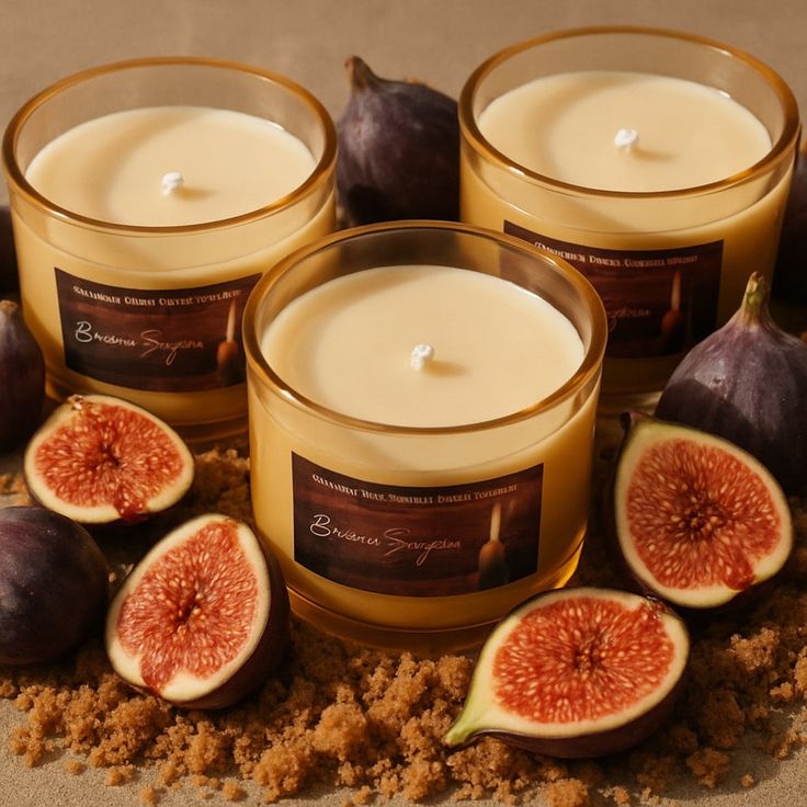 Luxurious fig-scented candles surrounded by fresh figs and brown sugar, creating a warm, inviting ambiance. Perfect for relaxation.