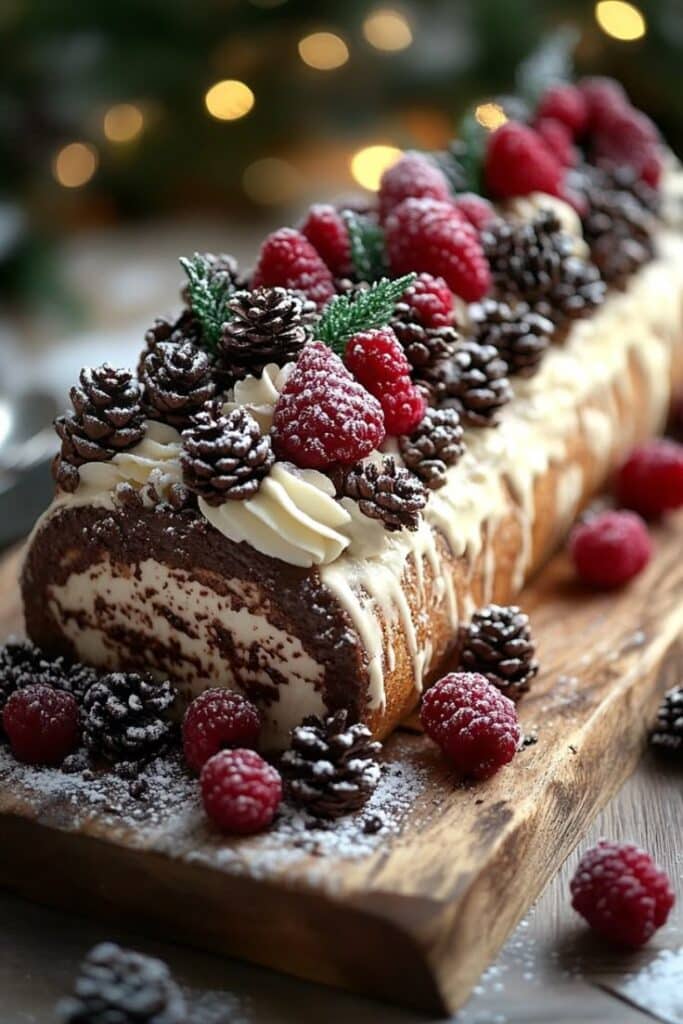 Festive yule log cake topped with raspberries, pine cones, and cream, dusted with powdered sugar on a wooden board.