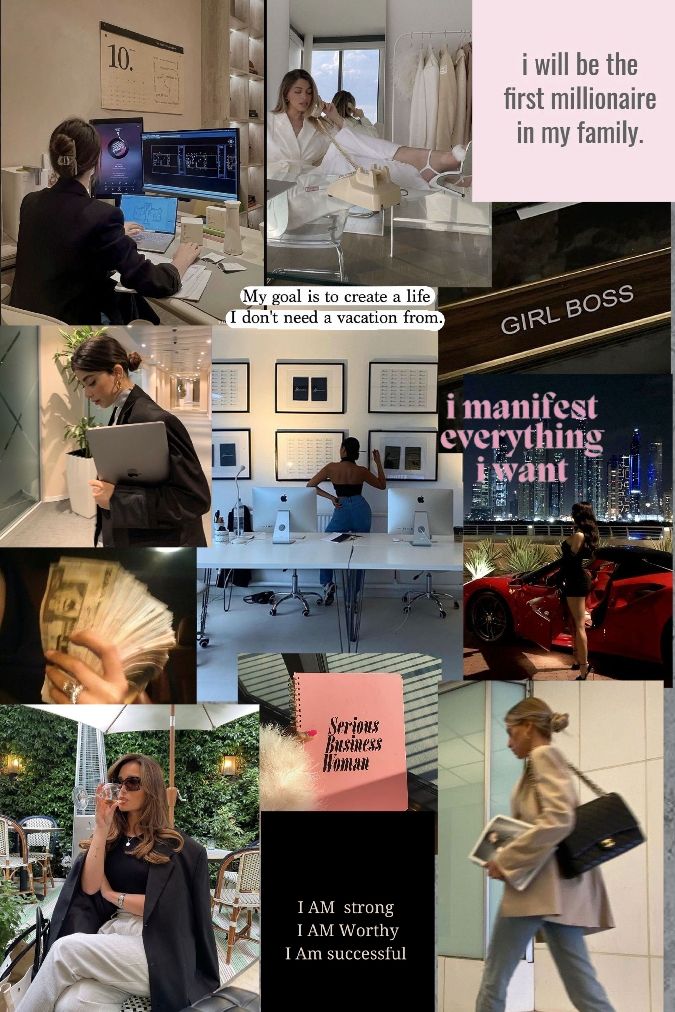 Vision board collage featuring quotes, luxury lifestyle, and empowerment for ambitious women entrepreneurs.