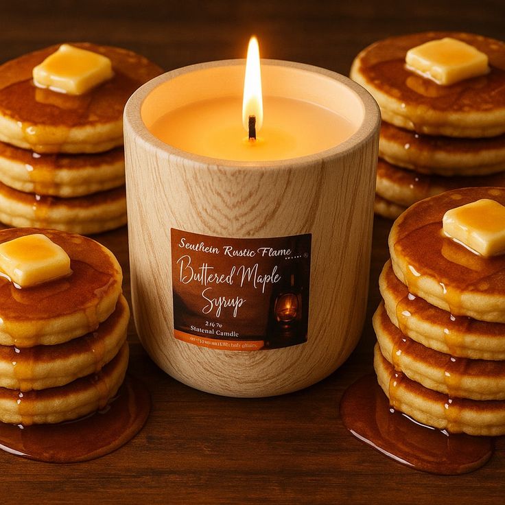 Candle labeled Buttered Maple Syrup surrounded by syrup-covered pancakes with butter on top, set on a wooden table.