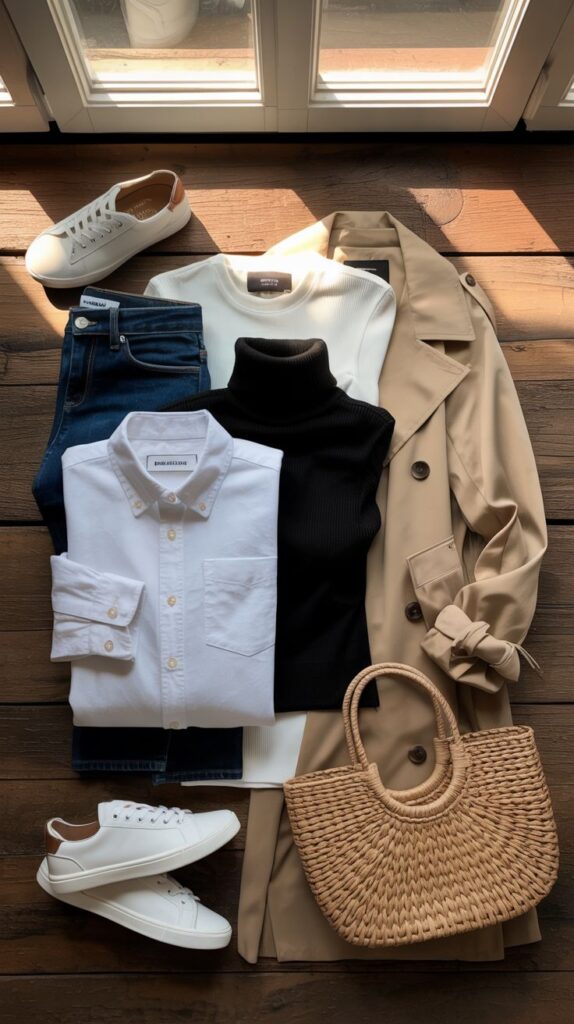 Stylish flat lay with trench coat, knitwear, white shirt, jeans, sneakers, and wicker bag on wooden floor under soft light.