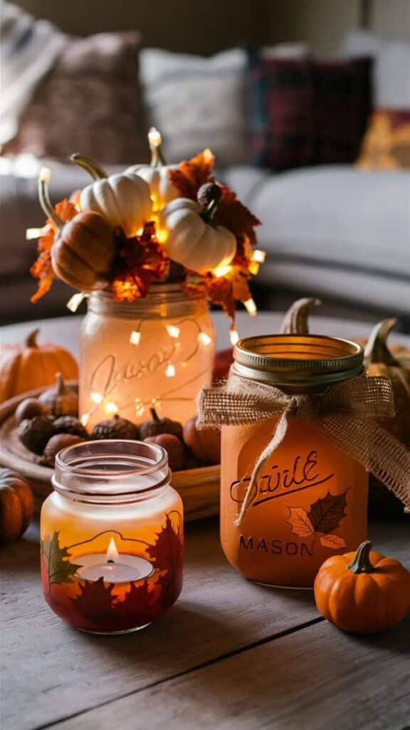 Cozy autumn decor with glowing mason jars, mini pumpkins, and fall leaves on a wooden table, perfect for seasonal ambiance.