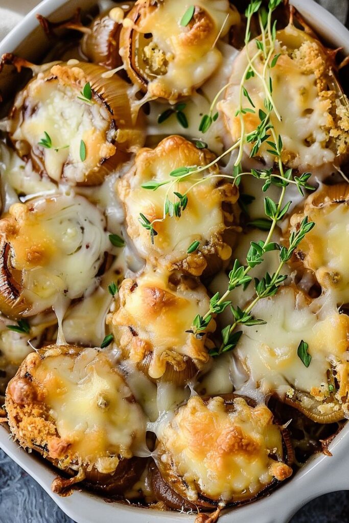 Cheesy stuffed mushrooms baked to perfection, topped with fresh herbs, in a white dish for a savory appetizer or side dish.