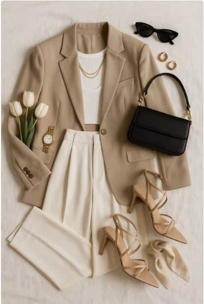 Stylish beige outfit with blazer, white pants, heels, black bag, sunglasses, and tulips. Perfect for a chic, sophisticated look.