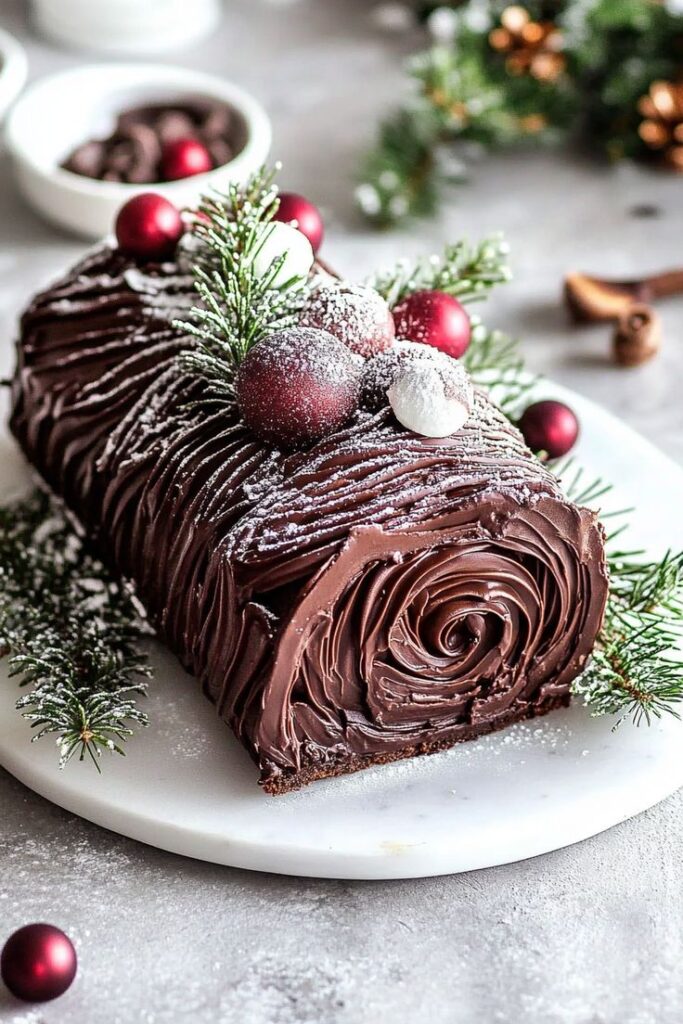 Festive chocolate yule log cake with decorative sprigs and berries on a marble platter, topped with powdered sugar.
