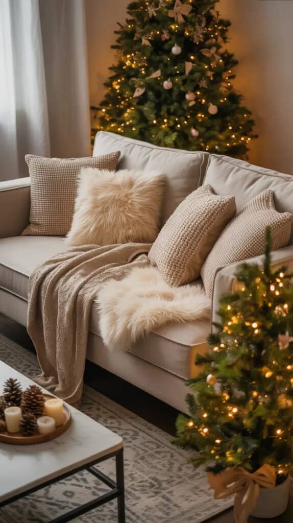 Cozy living room with decorated Christmas tree, beige couch, fluffy pillows, and warm blanket, creating a festive atmosphere.