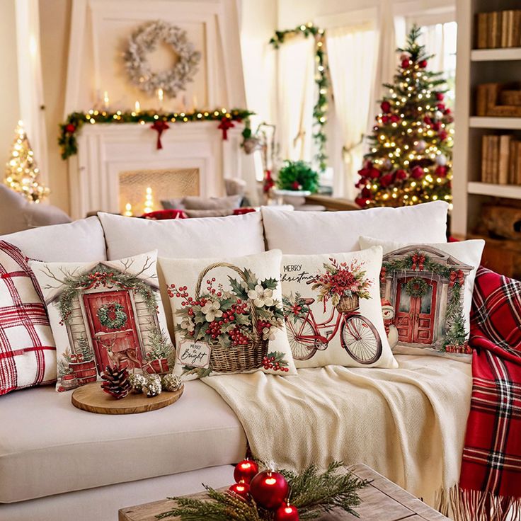 Cozy Christmas living room with festive pillows, holiday decorations, and a beautifully lit Christmas tree near a decorated fireplace.