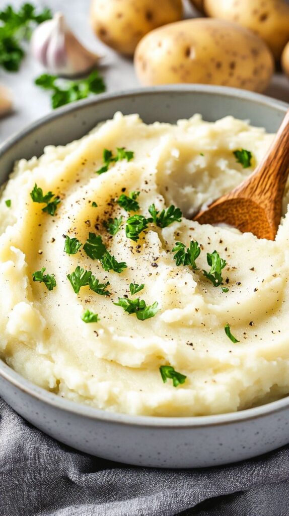 Creamy mashed potatoes with fresh parsley in a bowl, garnished with black pepper, surrounded by raw potatoes and garlic.