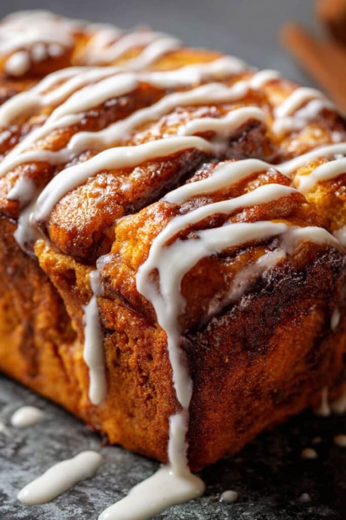 Cinnamon swirl bread topped with white icing, showcasing a golden crust and delicious texture for a perfect sweet treat.