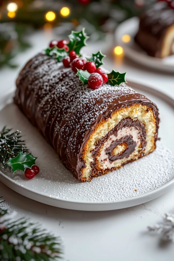 Festive chocolate Yule log decorated with holly and cranberries, dusted with powdered sugar on a white plate.