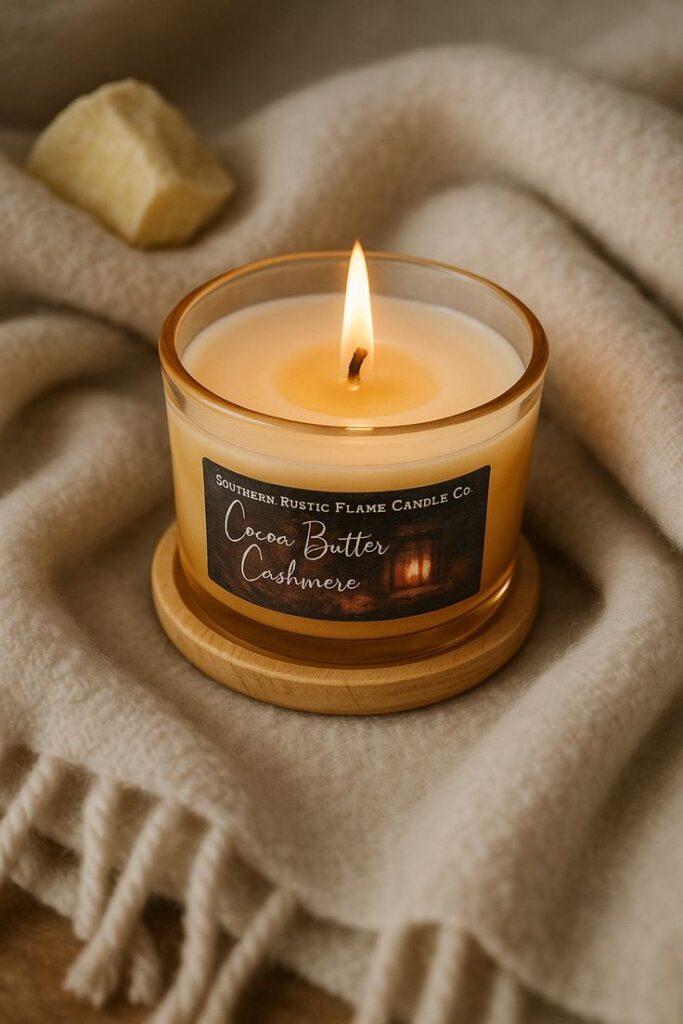 Cocoa Butter Cashmere candle on wooden coaster, lit and surrounded by a cozy blanket. Perfect for relaxation and warmth.
