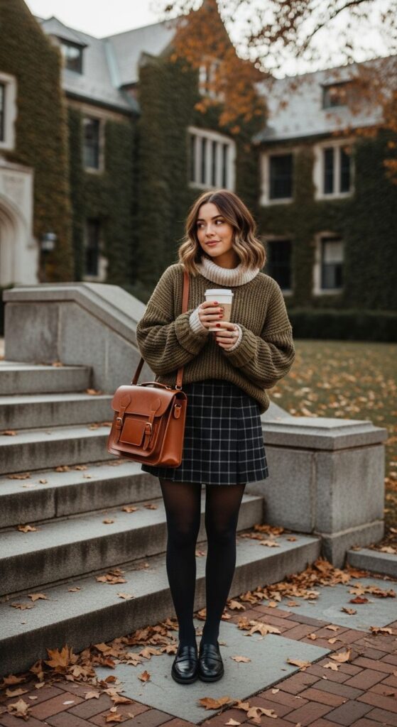 Woman in cozy fall outfit with coffee, standing on campus steps surrounded by autumn leaves.