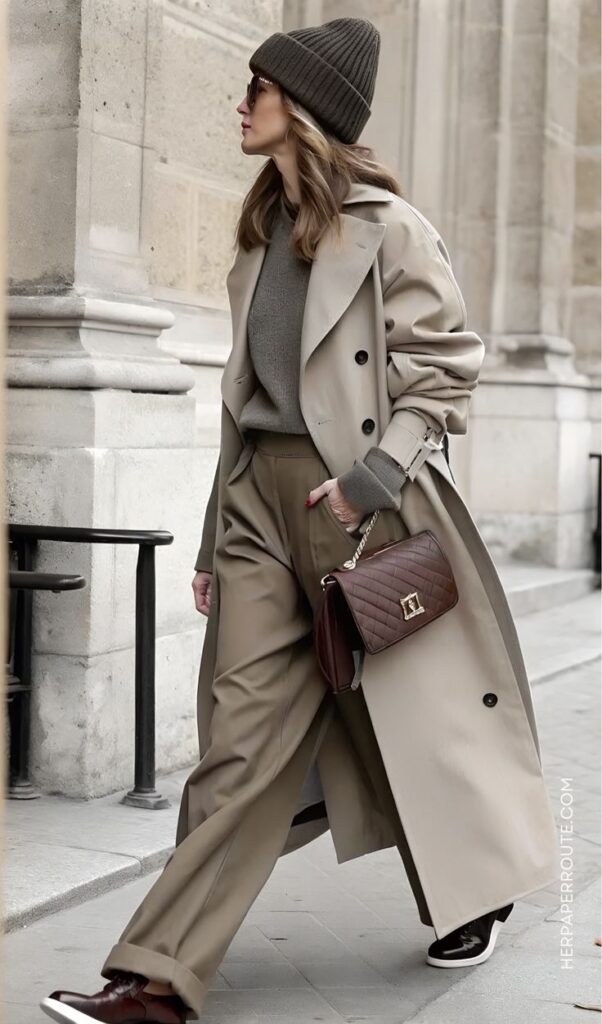 Stylish woman in trench coat, knit sweater, and beanie walking on city street with a chic handbag. Winter fashion look.