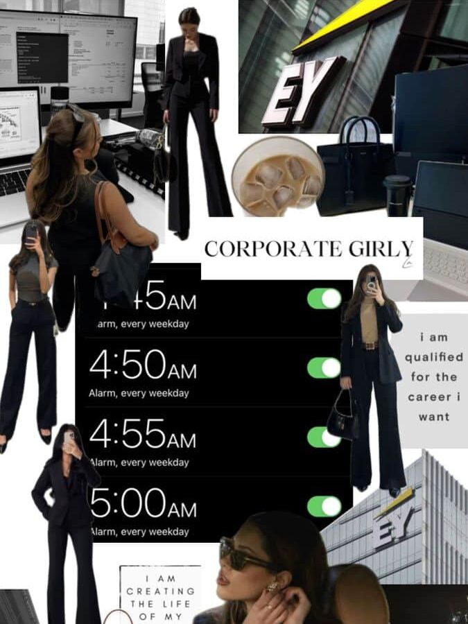 Corporate lifestyle collage featuring a businesswoman, office scenes, early alarms, and affirmations for career success.