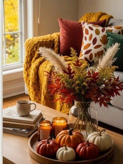 Cozy autumn living room scene with pumpkins, candles, and a warm throw blanket, perfect for seasonal home decor inspiration.