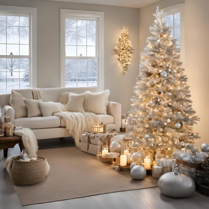 Cozy living room with a white Christmas tree, glowing candles, and winter decor, creating a serene holiday atmosphere.