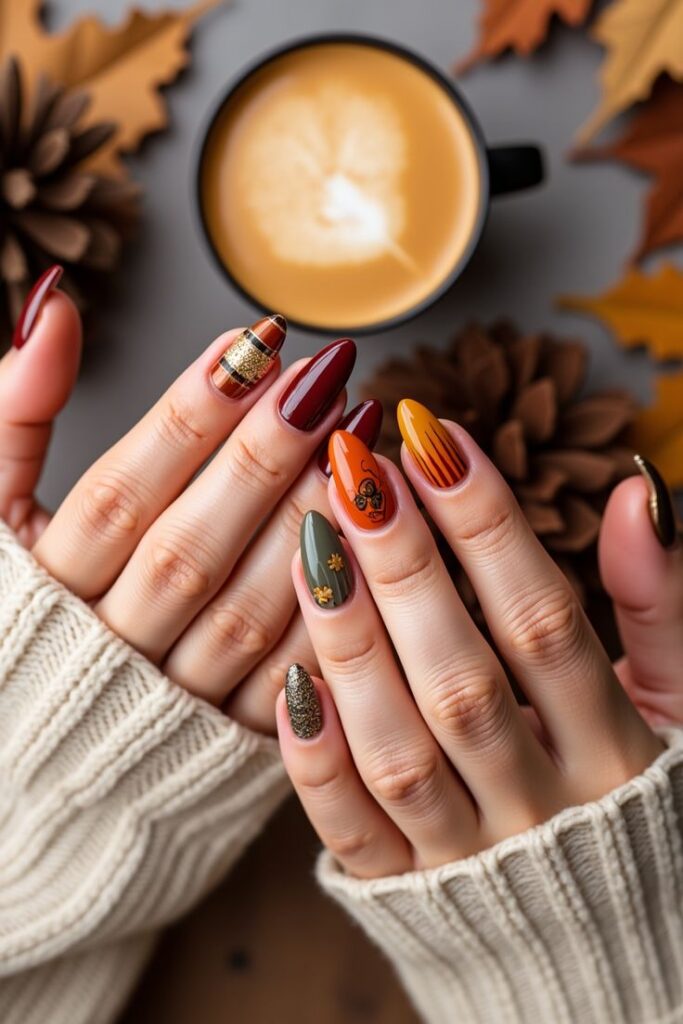 Festive autumn nail art with warm colors, cozy sweater, and latte. Perfect for fall vibes and seasonal fashion inspiration.
