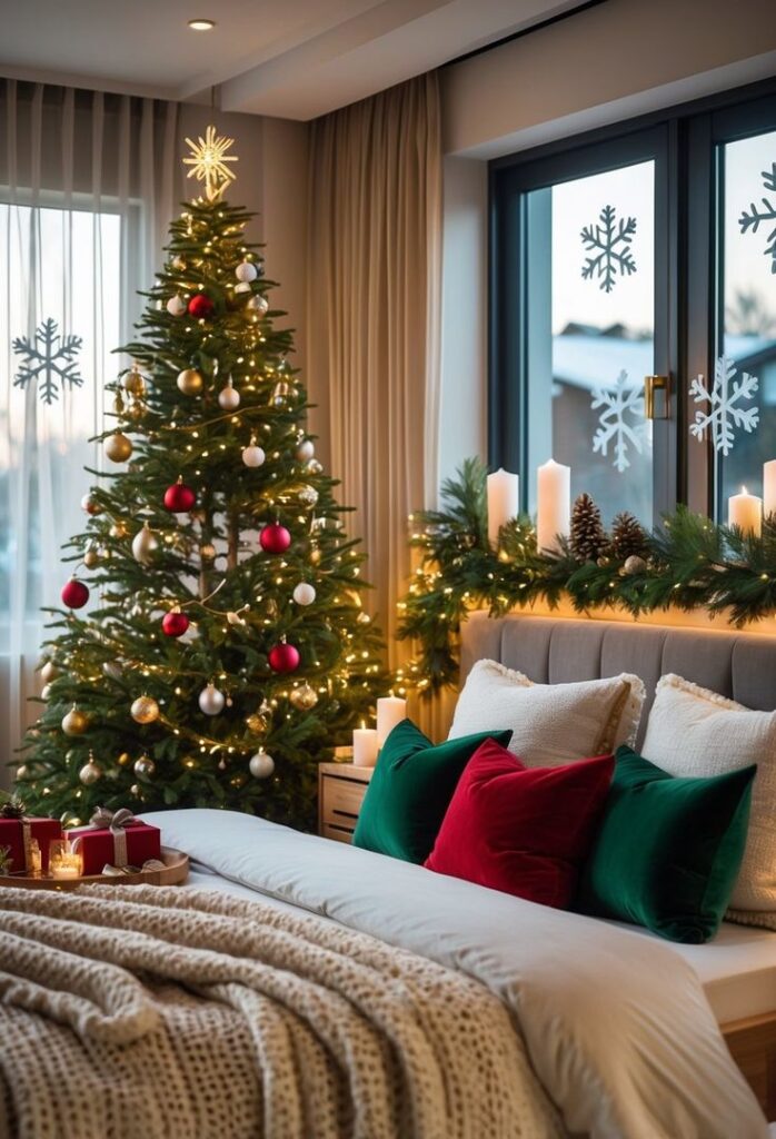 Cozy bedroom with festive decor, Christmas tree, lights, and snowflake window stickers creating a warm holiday ambiance.