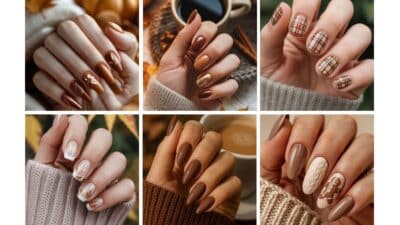 Autumn-themed nail art designs in brown tones with patterns, leaves, and sweater textures, perfect for cozy fall vibes.