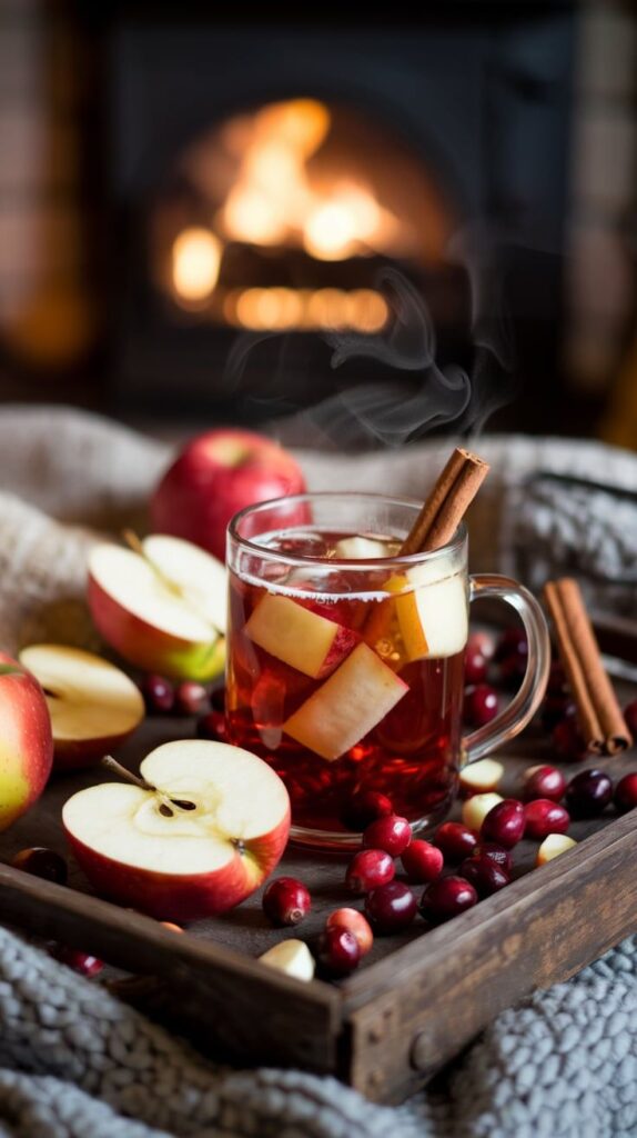 Cozy hot apple cider with cinnamon, cranberries, and apple slices on a tray by the fireplace. Perfect for a warm autumn evening.