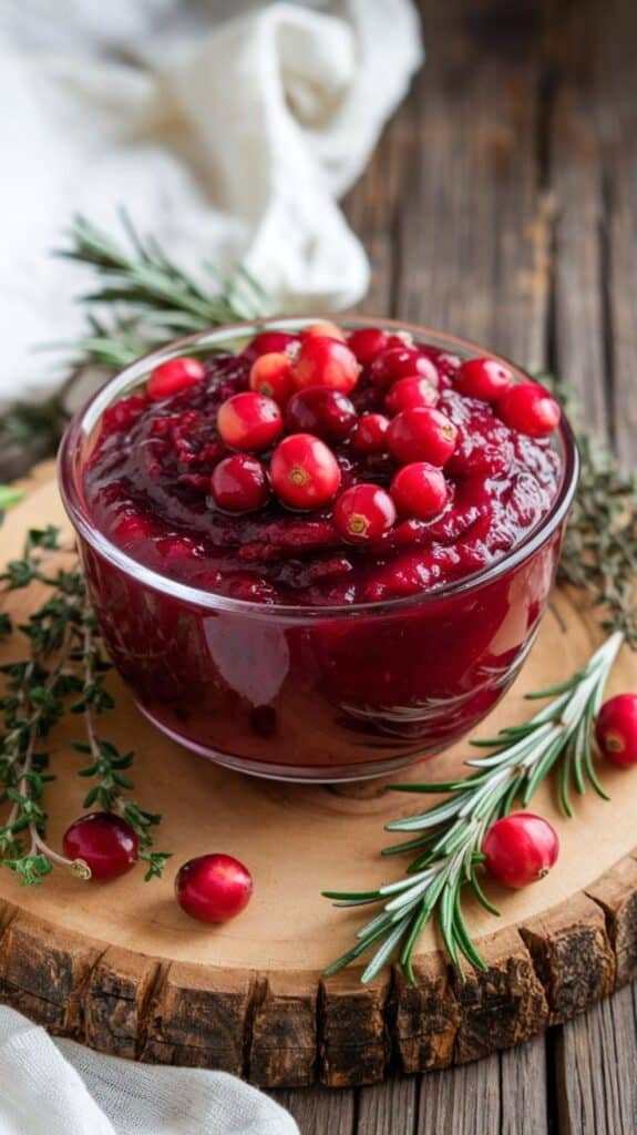 Bowl of fresh cranberry sauce with whole cranberries, garnished with rosemary, on a rustic wooden slab. Perfect for holiday meals.