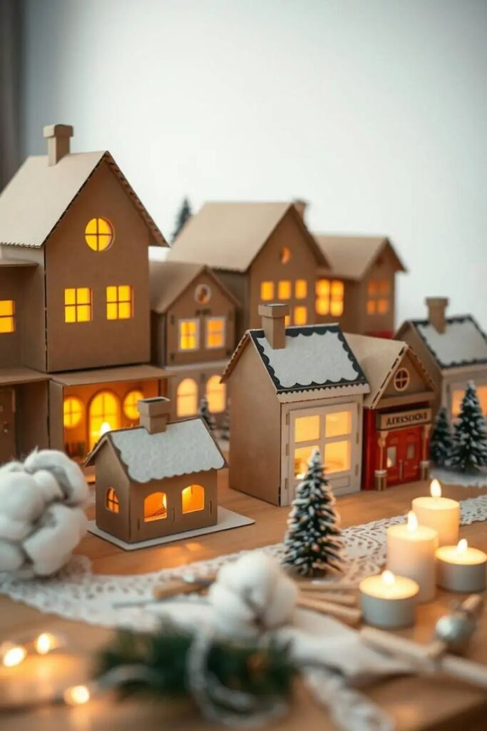 Cozy cardboard village diorama with lit windows, pine trees, candles, and festive decorations on a wooden table. Holiday ambience.