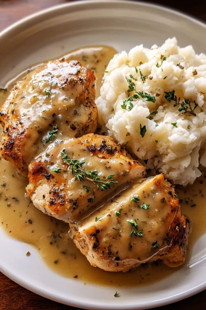 Grilled chicken with creamy herb sauce and mashed potatoes garnished with parsley on a white plate. Perfect comfort food.