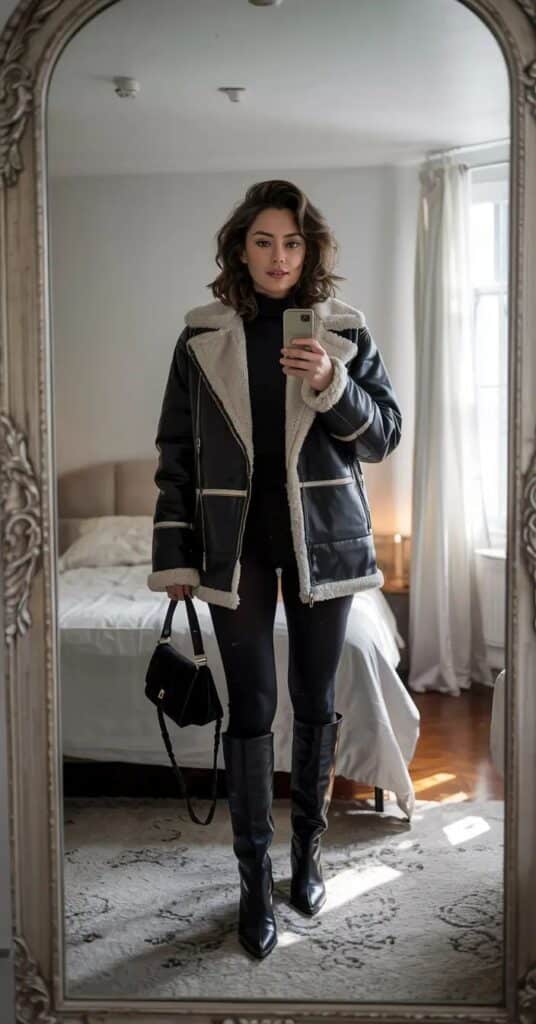 Woman in black shearling coat and boots taking a mirror selfie in stylish bedroom setting. Trendy winter fashion outfit.