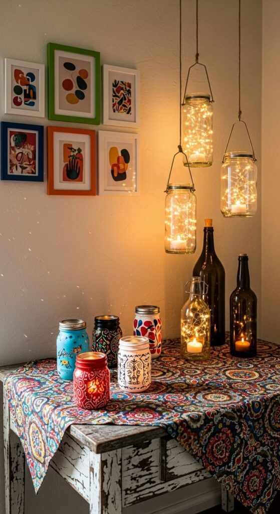 Cozy bohemian corner with vibrant art, hanging jar lights, and decorated candles on a patterned tablecloth for warm ambiance.