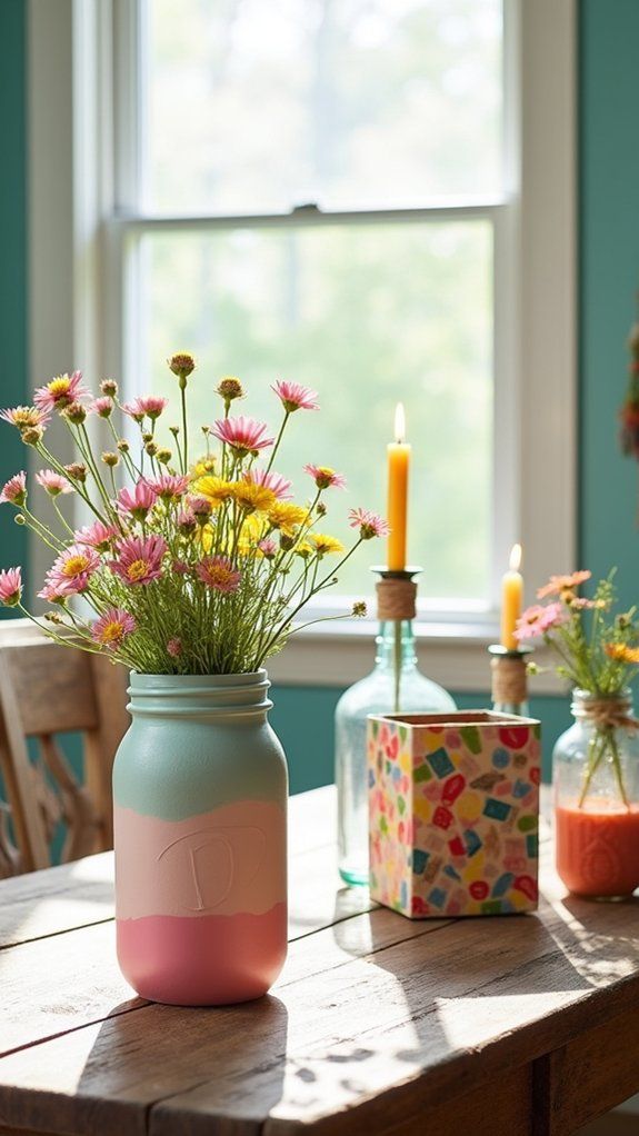 Rustic table decor with colorful wildflowers in painted jars, candles, and sunlight streaming through a window in a cozy room.