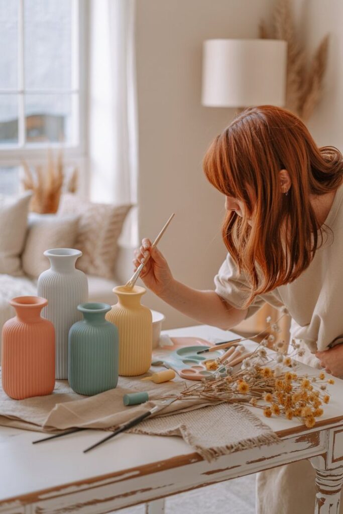 Woman painting colorful vases in a cozy room, surrounded by art supplies and dried flowers. Creative DIY home decor project.