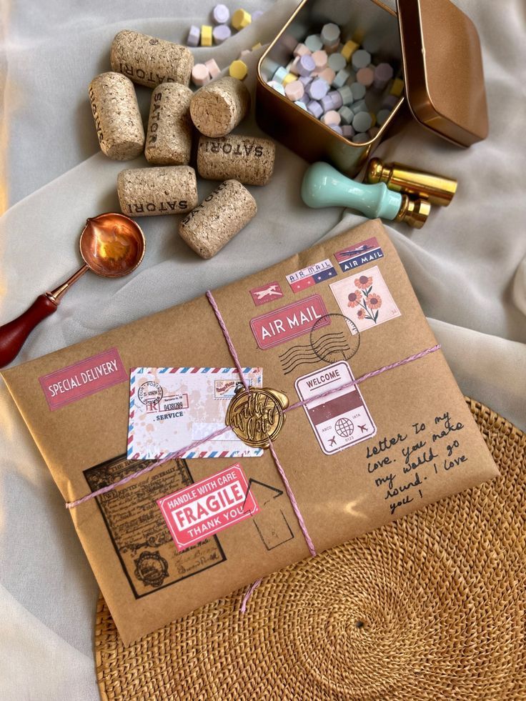 Vintage-style parcel with stamps, wax seal, and handwritten note, surrounded by corks and pastel candies on a woven mat.
