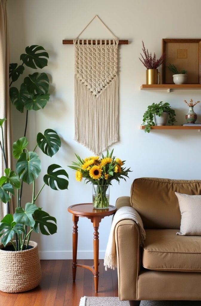 Cozy living room with macramé wall hanging, sunflowers, and lush plants, creating a warm and inviting atmosphere.
