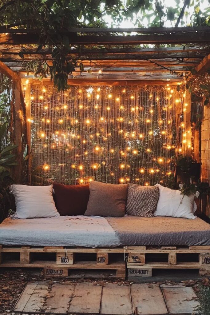 Cozy outdoor lounge with pallet sofa, cushions, and warm string lights under a leafy pergola, creating a relaxing ambience.