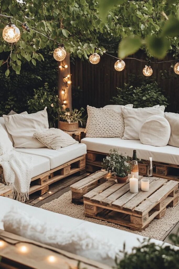 Cozy outdoor patio with pallet furniture, cushions, string lights, and candles creating a warm, inviting atmosphere under leafy trees.