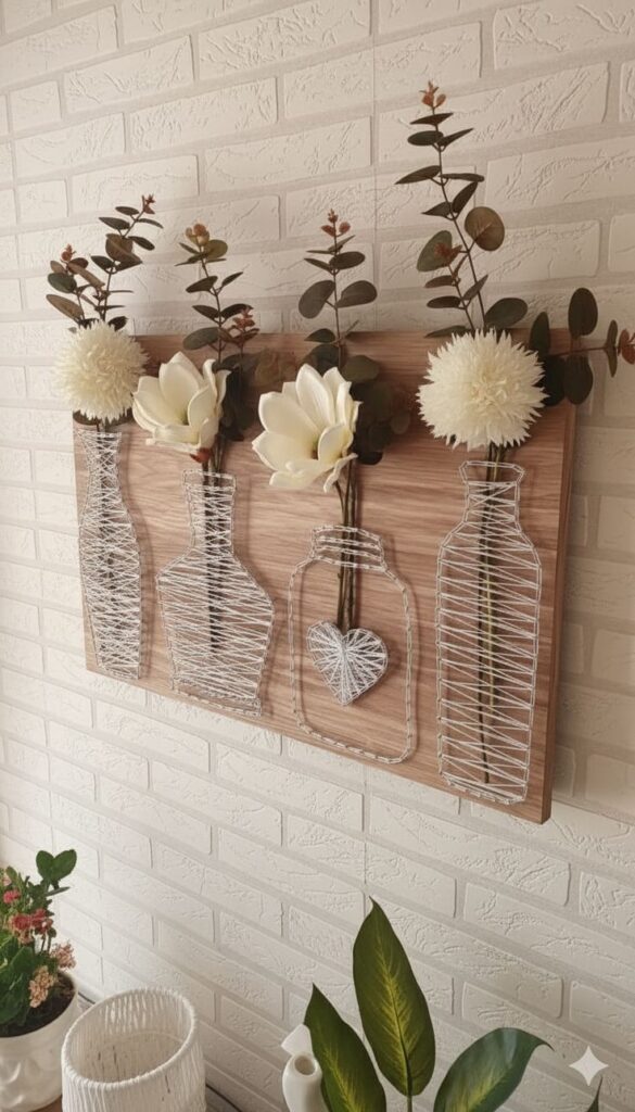 String art on wooden panel depicting vases with white flowers, set against a textured white brick wall. Modern home decor.