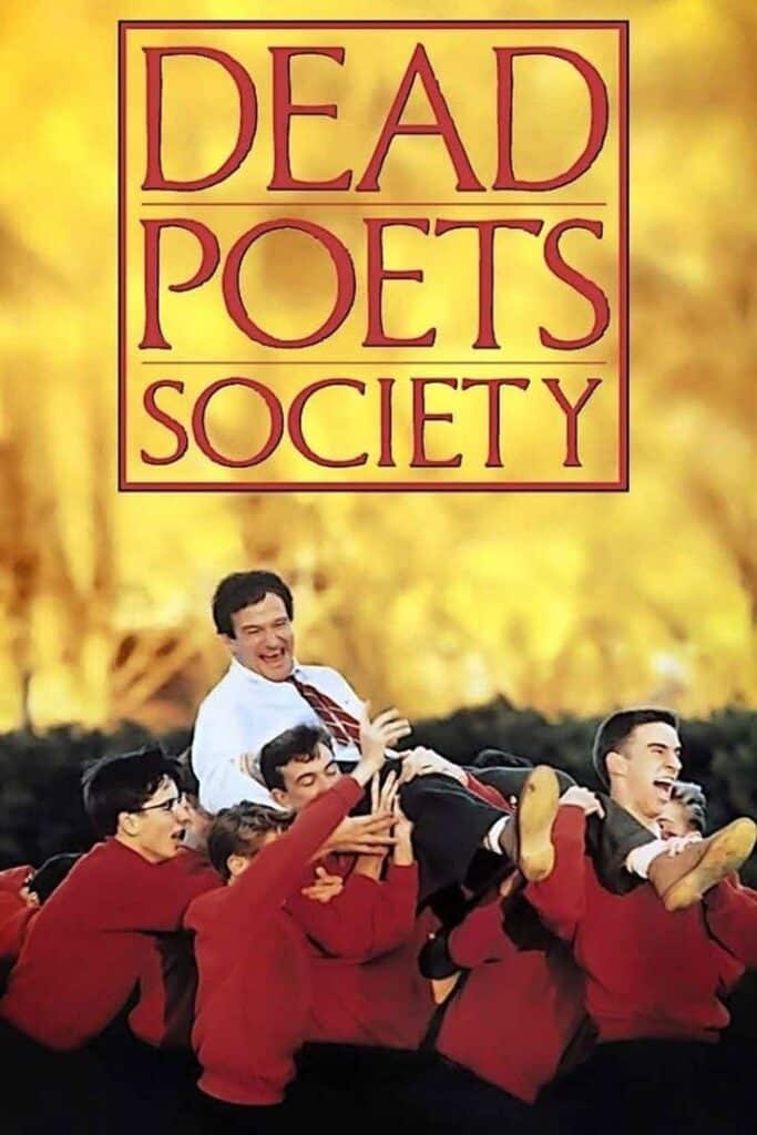 Dead Poets Society movie poster, teacher lifted by joyful students in red sweaters, highlighting themes of inspiration and camaraderie.