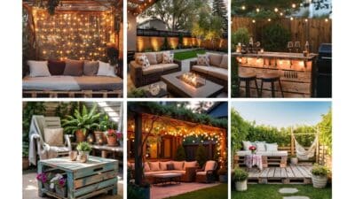 Cozy outdoor seating areas with string lights, fire pits, and rustic decor for a perfect backyard retreat.