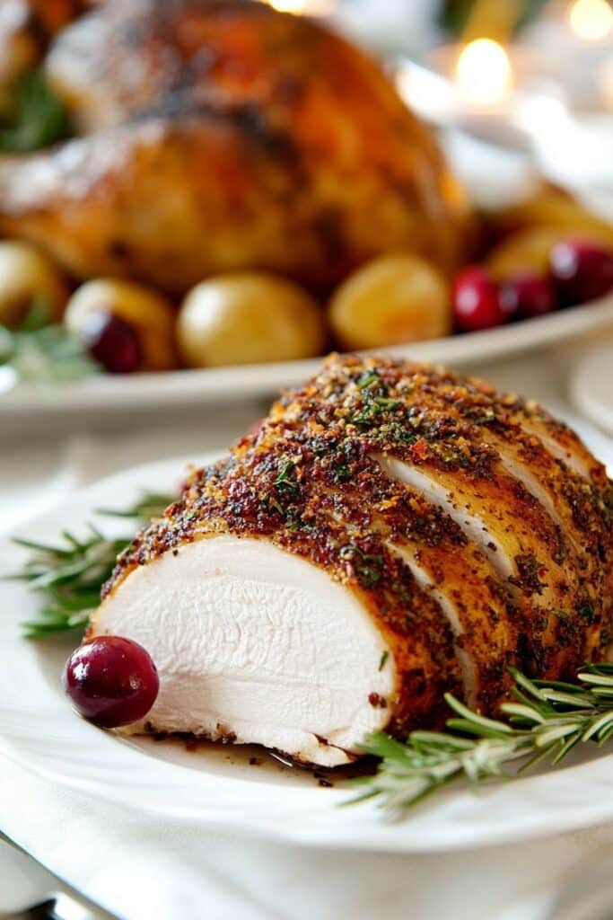 Roasted turkey breast with herbs and spices, served with fresh cranberries and rosemary garnish for a festive holiday meal.