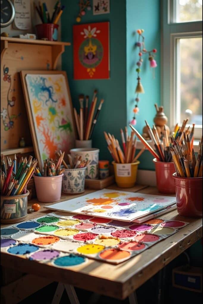 Art studio corner with colorful pencils, brushes, and vibrant paintings on a wooden desk, under natural light. Creative workspace.