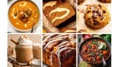 A collage of fall foods: pumpkin soup, bread, cookies, a spiced latte, cinnamon roll, and chili with limes for seasonal flavor inspiration.