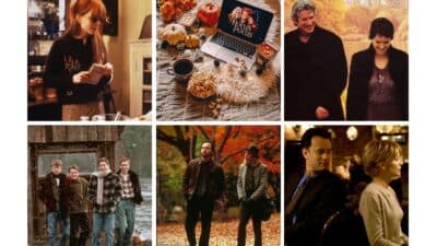 Collage of cozy autumn scenes: fall decor, a romantic couple walking, friends in snow, and a classic movie moment.
