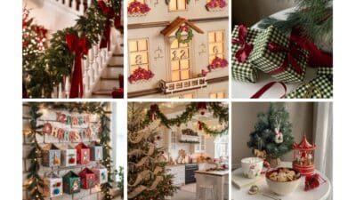 Festive Christmas home decor: garlands, advent calendar, gifts, cozy kitchen, and holiday treats for a warm, seasonal atmosphere.