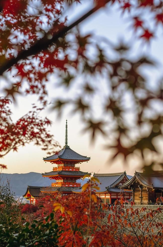 Traditional Japanese temple framed by vibrant autumn leaves against a clear sky, highlighting cultural beauty and nature.