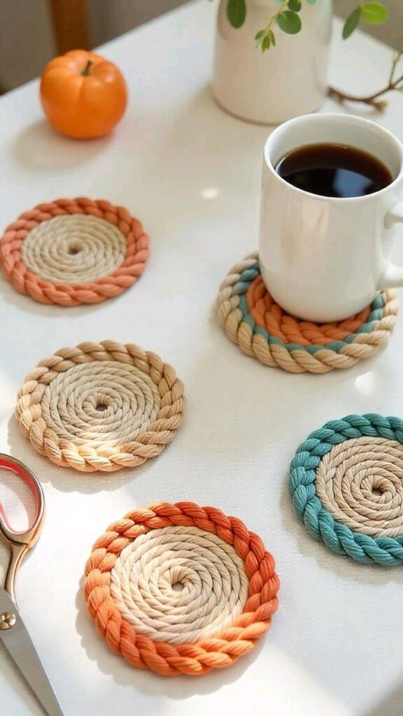 Colorful woven coasters with a white coffee mug on a table, featuring a small orange fruit and scissors nearby. Cozy and decorative.