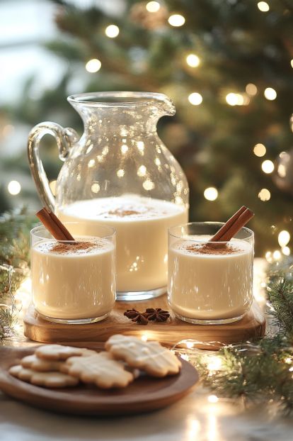 Festive eggnog with cinnamon sticks in glasses and a pitcher, surrounded by cookies and twinkling lights, perfect holiday treat.