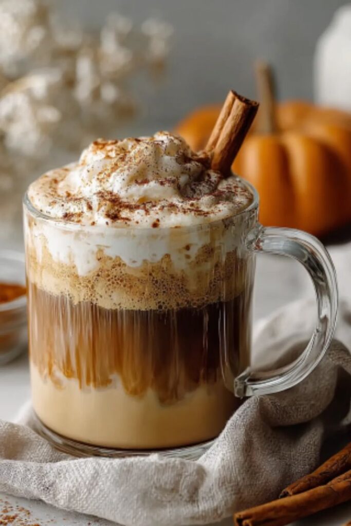 Creamy pumpkin spice latte in a glass mug, topped with whipped cream and cinnamon, set against a cozy autumn background.