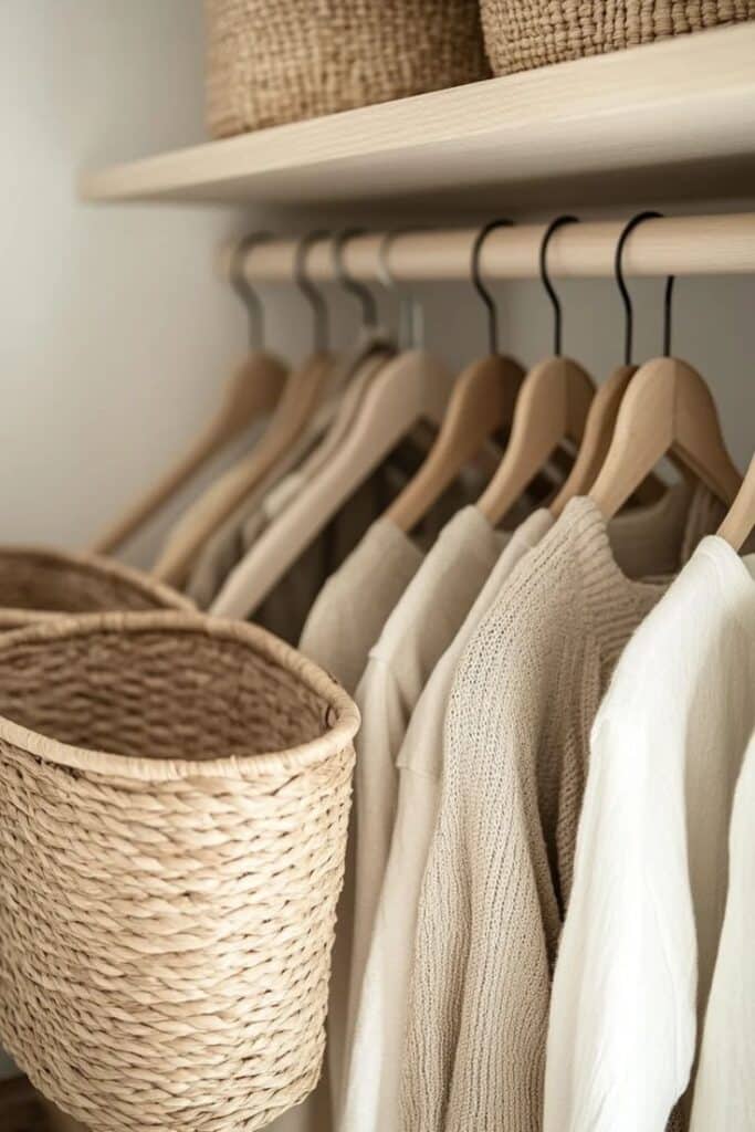 Neutral-toned knitted sweaters hang on wooden hangers next to woven baskets in an organized closet.