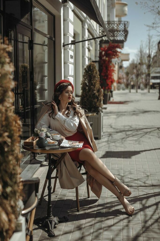 Woman enjoys coffee at an outdoor café table, in stylish attire with a red skirt and beret, under a sunny sky.