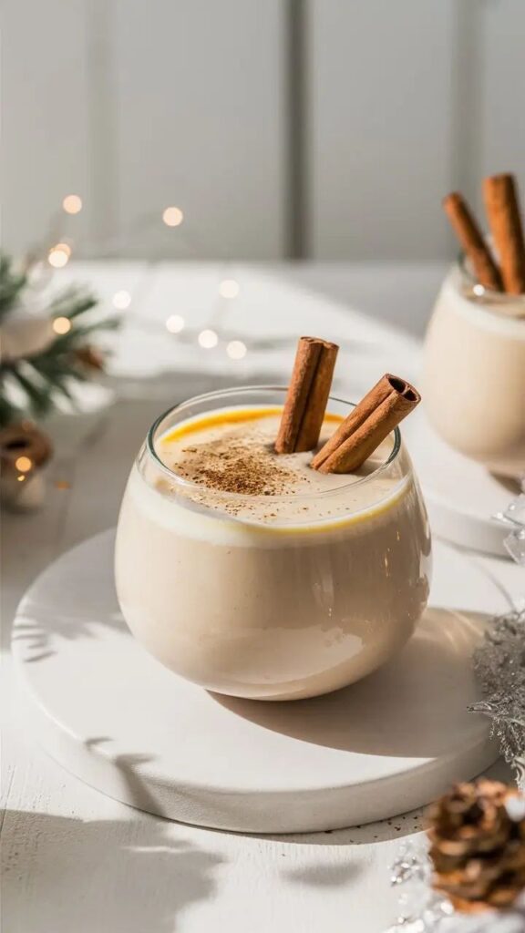 Creamy eggnog in a glass garnished with cinnamon sticks, set on a white plate, evokes cozy holiday vibes. Perfect for festive gatherings.